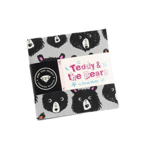 Image of the Teddy and the Bears 25 piece charm pack by Sarah Watts for Moda Fabrics. Features bear patterns on bright backgrounds. 
Cute Little Fabric Shop