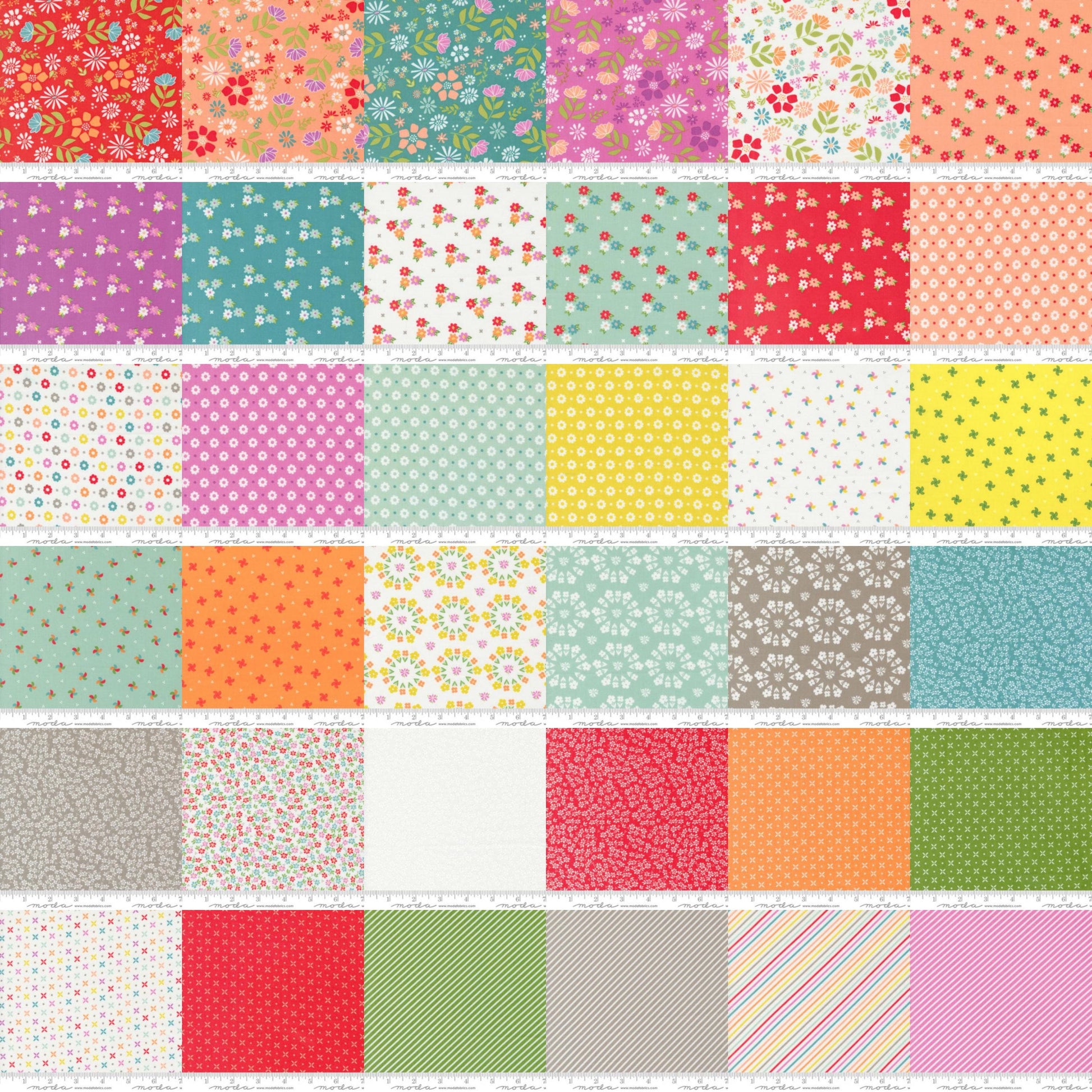 Image of the Laguna Sunrise fat quarter bundle by Sherri & Chelsi for Moda Fabrics. Features a 36 square collage of all the fabrics in the collection. 
Cute Little Fabric Shop