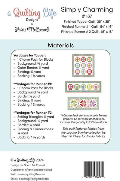 Image of the Simply Charming quilt pattern by A Quilting Life for Moda Fabrics. Features the fabric requirements to construct the three patterns. 
Cute Little Fabric Shop