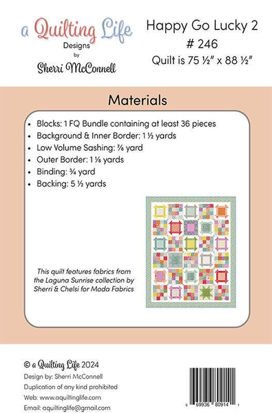 Image of the Happy Go Lucky 2 quilt pattern by A Quilting Life for Moda Fabrics. Features the fabric requirements for the quilt. 
Cute Little Fabric Shop