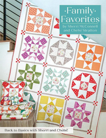 Image of the Family Favorites quilt pattern by Its Sew Emma for Moda Fabrics. Features quilt blocks for quilt tops and pillows. 
Cute Little Fabric Shop