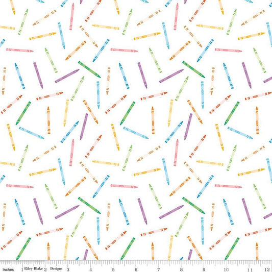 Image of the Get Your Cray-on with Crayola Crayons White quilting cotton fabric by Riley Blake Designs. Official Licensed Product. Features scattered crayons on a white background. 
Cute Little Fabric Shop