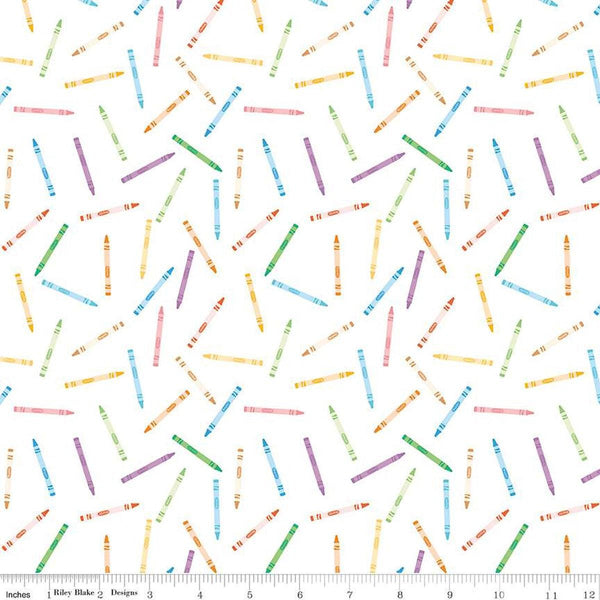 Image of the Get Your Cray-on with Crayola Crayons White quilting cotton fabric by Riley Blake Designs. Official Licensed Product. Features scattered crayons on a white background. 
Cute Little Fabric Shop