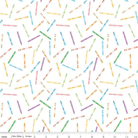 Image of the Get Your Cray-on with Crayola Crayons White quilting cotton fabric by Riley Blake Designs. Official Licensed Product. Features scattered crayons on a white background. 
Cute Little Fabric Shop