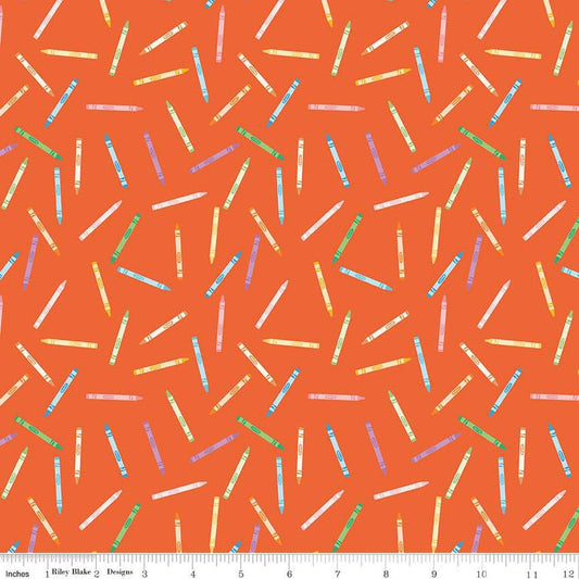 Image of the Get Your Cray-on with Crayola Crayons Red quilting cotton fabric by Riley Blake Designs. Official Licensed Product. Features scattered crayons on a red background. 
Cute Little Fabric Shop