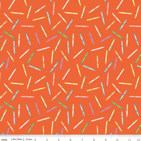 Image of the Get Your Cray-on with Crayola Crayons Red quilting cotton fabric by Riley Blake Designs. Official Licensed Product. Features scattered crayons on a red background. 
Cute Little Fabric Shop