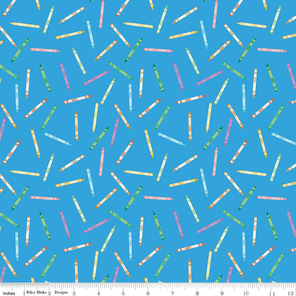 Image of the Get Your Cray-on with Crayola Crayons Blue quilting cotton fabric by Riley Blake Designs. Official Licensed Product. Features scattered crayons on a blue background. 
Cute Little Fabric Shop