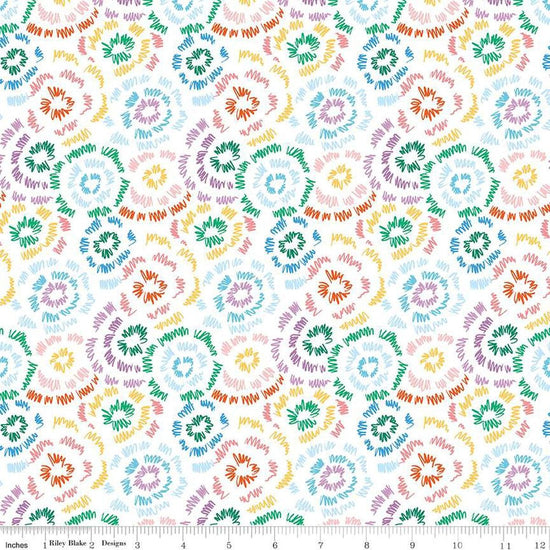 Image of the Get Your Cray-on with Crayola Fireworks White quilting cotton fabric by Riley Blake Designs. Official Licensed Product. Features colorful doodles on a white background. 
Cute Little Fabric Shop