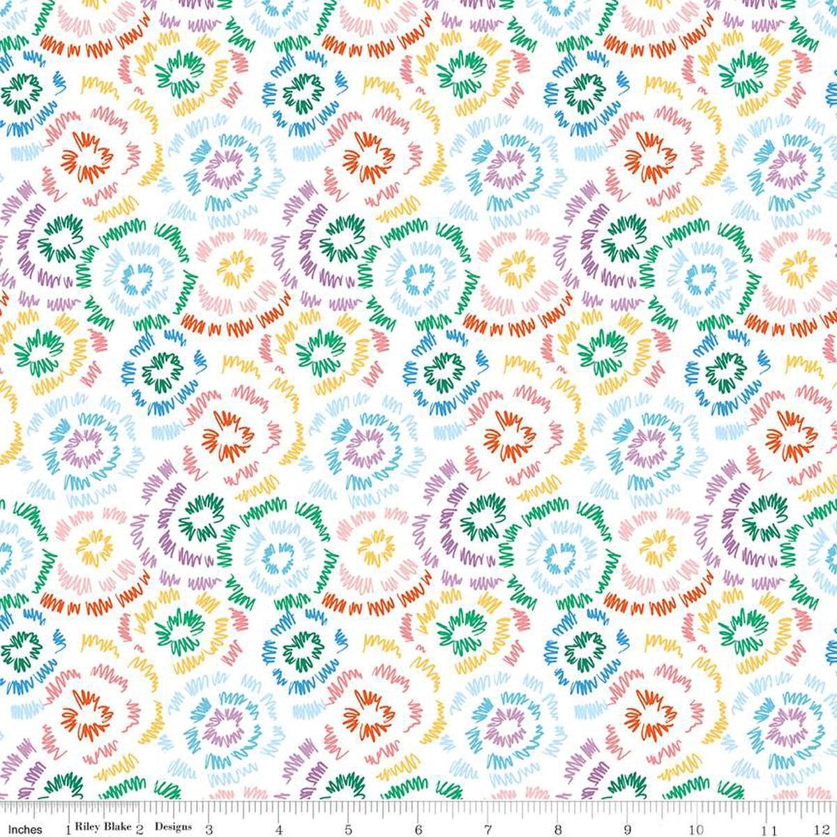 Image of the Get Your Cray-on with Crayola Fireworks White quilting cotton fabric by Riley Blake Designs. Official Licensed Product. Features colorful doodles on a white background. 
Cute Little Fabric Shop