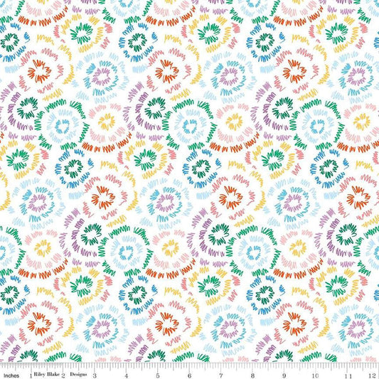 Image of the Get Your Cray-on with Crayola Fireworks White quilting cotton fabric by Riley Blake Designs. Official Licensed Product. Features colorful doodles on a white background. 
Cute Little Fabric Shop