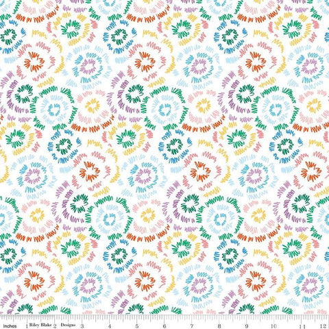 Image of the Get Your Cray-on with Crayola Fireworks White quilting cotton fabric by Riley Blake Designs. Official Licensed Product. Features colorful doodles on a white background. 
Cute Little Fabric Shop