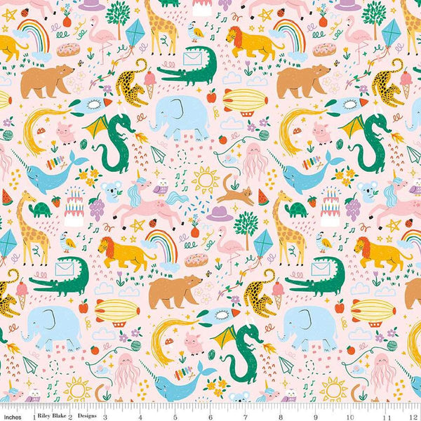 Image of the Get Your Cray-on with Crayola Main Pink quilting cotton fabric by Riley Blake Designs. Official Licensed Product. Features colorful animals, flowers, and doodles on a pale pink background. 
Cute Little Fabric Shop