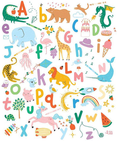 Image of the Get Your Cray-on with Crayola quilting cotton panel by Riley Blake Designs. Features  an the alphabet and coordinating pictures on a white background panel. 
Cute Little Fabric Shop