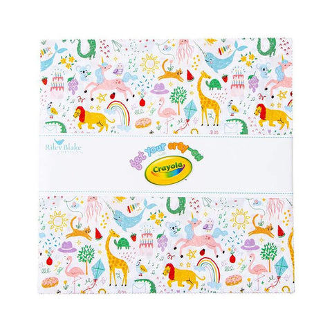 Image of the Get Your Cray-on with Crayola 10 inch Stacker by Riley Blake Designs. Official licensed product. Features doodles. animals, and crayons in bright colors. 
Cute Little Fabric Shop