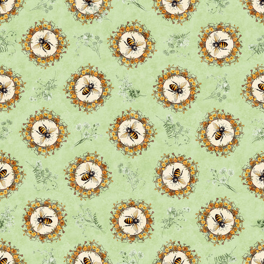 DEAL MINKY Queen Bee Bee Circle Vignette 60" Wide 30484 Light Sage - QT Fabrics - Floral Flowers Bees - 100% Polyester