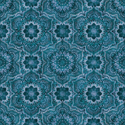 19" End of Bolt - Queen Bee Flower Medallion 30490 Denim W - - QT Fabrics - Geometric Floral Flower - Quilting Cotton Fabric