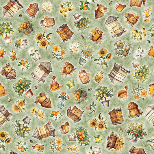 SALE Queen Bee Bee Hive & Plant Toss 30485 Sage H - QT Fabrics - Floral Flowers Jar Fruit - Quilting Cotton Fabric