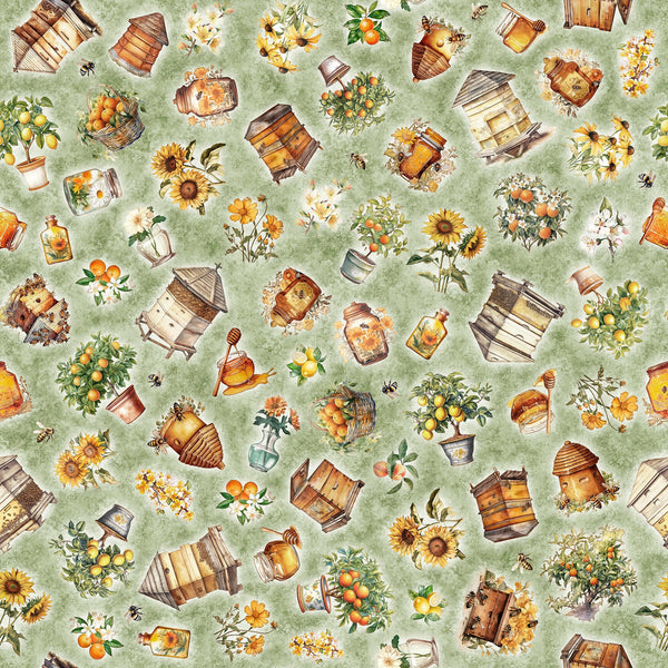 Queen Bee Bee Hive & Plant Toss 30485 Sage H - by QT Fabrics - Floral Flowers Jar Fruit - Quilting Cotton Fabric