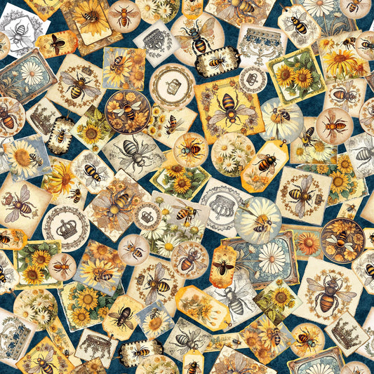 DEAL MINKY Queen Bee Bee Collage 60" Wide 30483 Midnight - QT Fabrics - Floral Flowers Bees Pictures - 100% Polyester