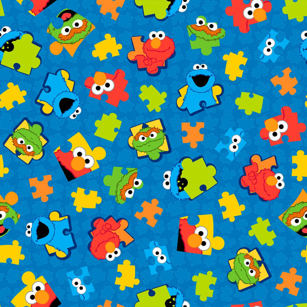 SALE Sesame Street Puzzle Piece 27918 Royal - by QT Fabrics - Quilting Cotton Fabric