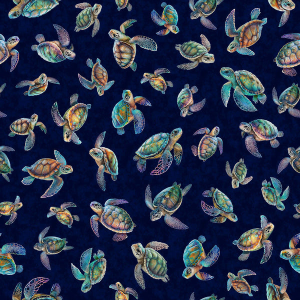 Endless Blues Sea Turtle Toss 30044 Navy - by QT Fabrics - Turtles - Quilting Cotton Fabric