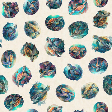 CLEARANCE Endless Blues Sea Turtle Circle Vignette 30043 Beige - QT Fabrics - Turtles - Quilting Cotton Fabric