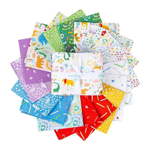 Image of the Get Your Cray-on with Crayola Fat Quarter Bundle by Riley Blake Designs. Official licensed product. Features doodles. animals, and crayons in bright colors. 
Cute Little Fabric Shop