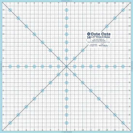 Image of the Cute Cuts™ Trim-it™ Ruler 16.5 inch; x 16.5 inch; by Lori Holt for Riley Blake Designs. Features a 16.5 inch square ruler with aqua borders. 
Cute Little Fabric Shop
