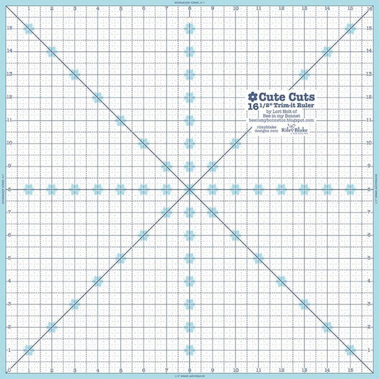 Image of the Cute Cuts™ Trim-it™ Ruler 16.5 inch; x 16.5 inch; by Lori Holt for Riley Blake Designs. Features a 16.5 inch square ruler with aqua borders. 
Cute Little Fabric Shop
