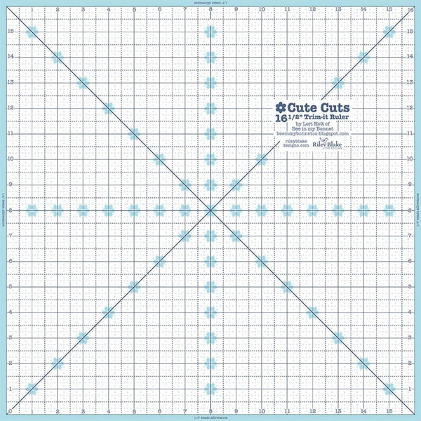 Image of the Cute Cuts™ Trim-it™ Ruler 16.5 inch; x 16.5 inch; by Lori Holt for Riley Blake Designs. Features a 16.5 inch square ruler with aqua borders. 
Cute Little Fabric Shop