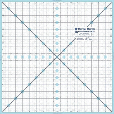 Image of the Cute Cuts™ Trim-it™ Ruler 16.5 inch; x 16.5 inch; by Lori Holt for Riley Blake Designs. Features a 16.5 inch square ruler with aqua borders. 
Cute Little Fabric Shop