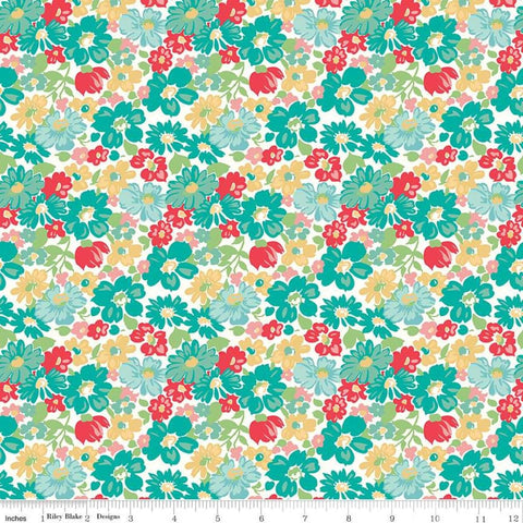 Image of the Vintage Happy 2 Main Vivid quilting cotton fabric by Lori Holt for Riley Blake Designs. Features a floral fabric with teal and red flowers on a white background. 
Cute Little Fabric Shop