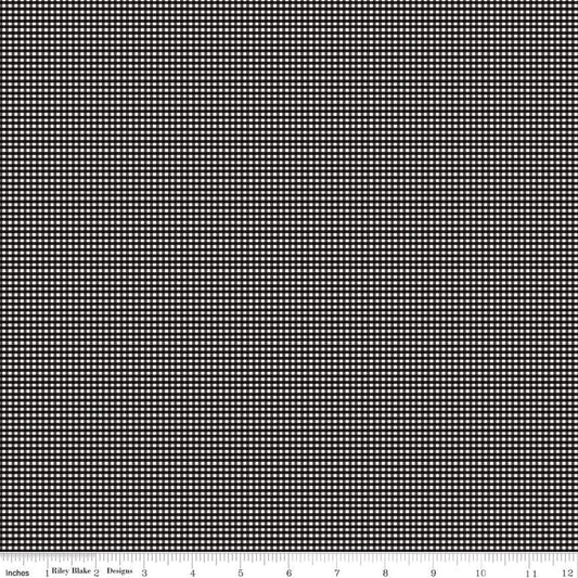 Image of the Micro Gingham Black quilting cotton fabric by Riley Blake Designs. Features a micro one sixteenth of an inch gingham with black on white. 
Cute Little Fabric Shop