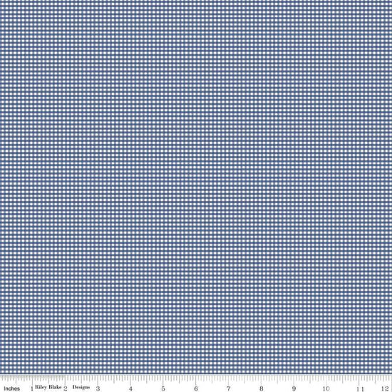 Image of the Micro Gingham Denim quilting cotton fabric by Riley Blake Designs. Features a micro one sixteenth of an inch gingham with dark blue on white. 
Cute Little Fabric Shop