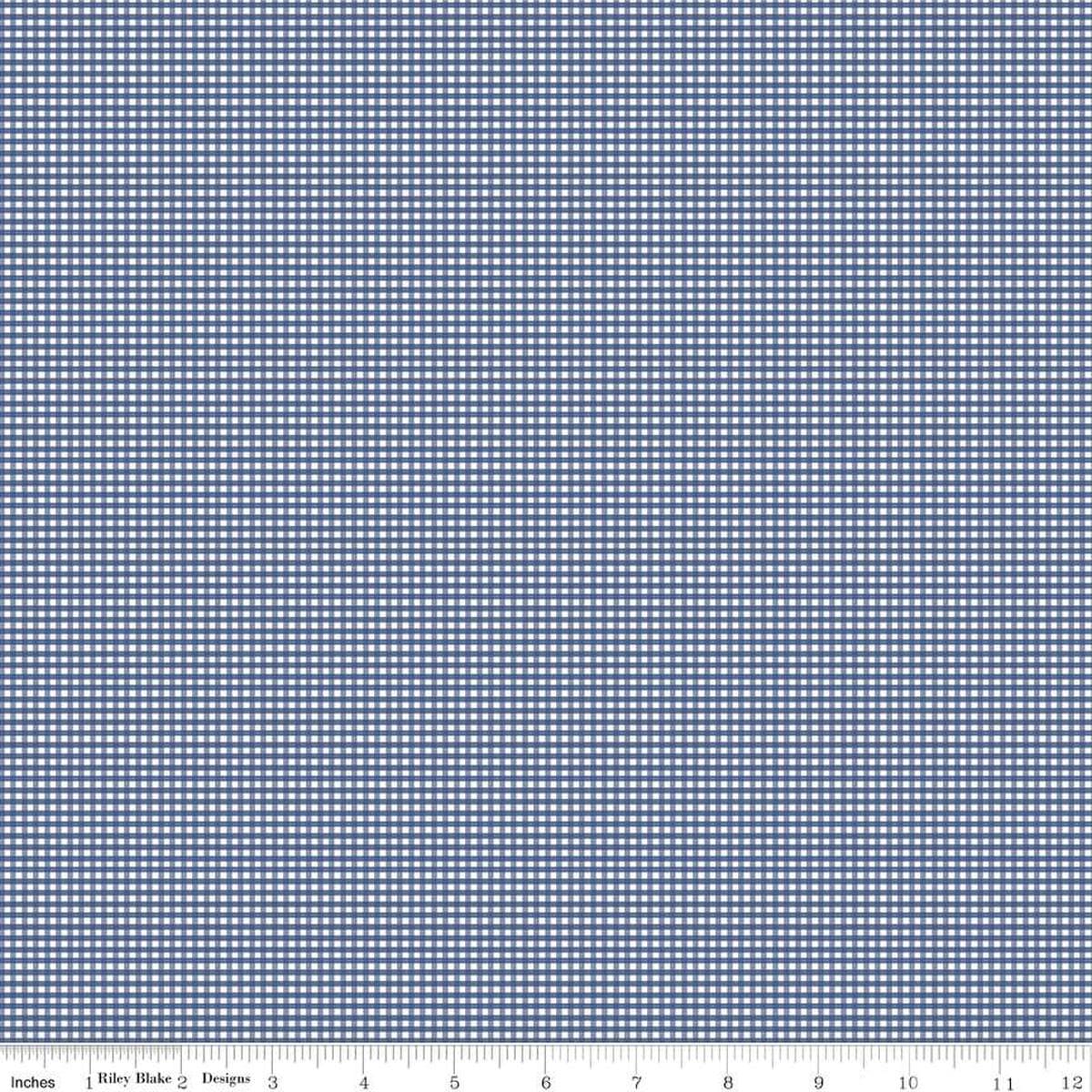 Image of the Micro Gingham Denim quilting cotton fabric by Riley Blake Designs. Features a micro one sixteenth of an inch gingham with dark blue on white. 
Cute Little Fabric Shop