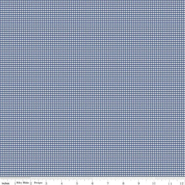 Image of the Micro Gingham Denim quilting cotton fabric by Riley Blake Designs. Features a micro one sixteenth of an inch gingham with dark blue on white. 
Cute Little Fabric Shop