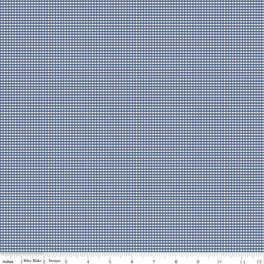 Image of the Micro Gingham Denim quilting cotton fabric by Riley Blake Designs. Features a micro one sixteenth of an inch gingham with dark blue on white. 
Cute Little Fabric Shop