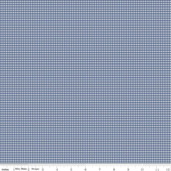 Image of the Micro Gingham Denim quilting cotton fabric by Riley Blake Designs. Features a micro one sixteenth of an inch gingham with dark blue on white. 
Cute Little Fabric Shop