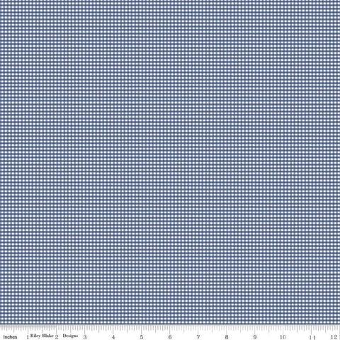 Image of the Micro Gingham Denim quilting cotton fabric by Riley Blake Designs. Features a micro one sixteenth of an inch gingham with dark blue on white. 
Cute Little Fabric Shop