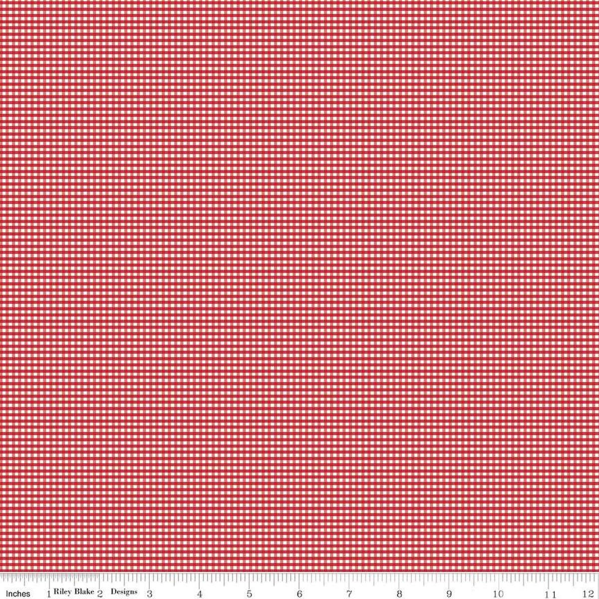 Image of the Micro Gingham Jazzberry quilting cotton fabric by Riley Blake Designs. Features a micro one sixteenth of an inch gingham with red pink on white. 
Cute Little Fabric Shop