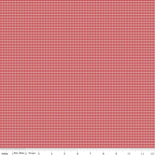 Image of the Micro Gingham Jazzberry quilting cotton fabric by Riley Blake Designs. Features a micro one sixteenth of an inch gingham with red pink on white. 
Cute Little Fabric Shop