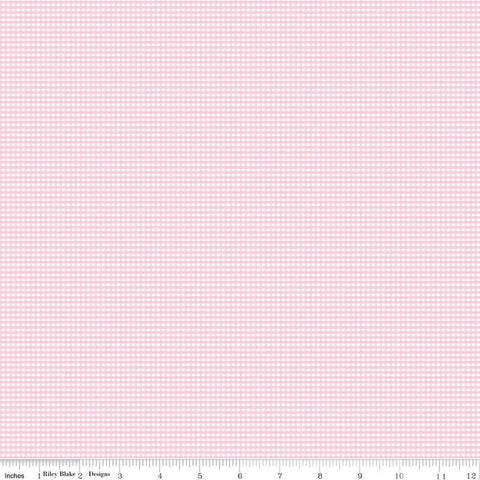 Image of the Micro Gingham Peony quilting cotton fabric by Riley Blake Designs. Features a micro one sixteenth of an inch gingham with light pink on white. 
Cute Little Fabric Shop