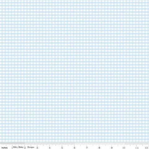 Image of the 1/8 inch PRINTED Gingham Baby Blue quilting cotton fabric by Riley Blake Designs. Features an 1/8 inch light blue gingham pattern on white. 
Cute Little Fabric Shop