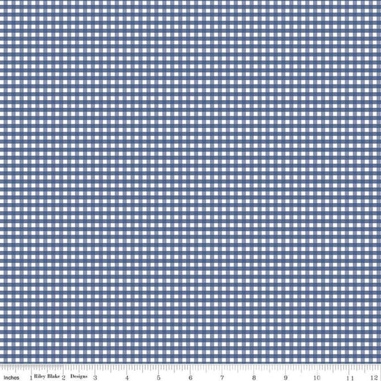 Image of the 1/8 inch PRINTED Gingham Denim quilting cotton fabric by Riley Blake Designs. Features an 1/8 inch dark blue gingham pattern on white. 
Cute Little Fabric Shop