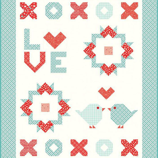 Image of the Nothing but Love quilt pattern by Sandy Gervais for Riley Blake Designs. Features lovebirds, Xs, Os, and the word LOVE on a quilt.
Cute Little Fabric Shop