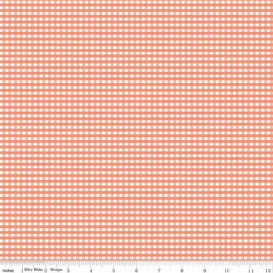 Image of the 1/8 inch PRINTED Gingham Salmon quilting cotton fabric by Riley Blake Designs. Features an 1/8 inch coral gingham pattern on white. 
Cute Little Fabric Shop