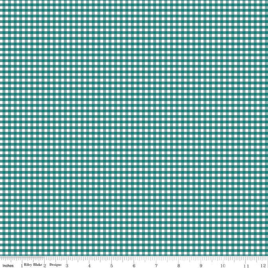 Image of the 1/8 inch PRINTED Gingham Teal quilting cotton fabric by Riley Blake Designs. Features an 1/8 inch teal green gingham pattern on white. 
Cute Little Fabric Shop