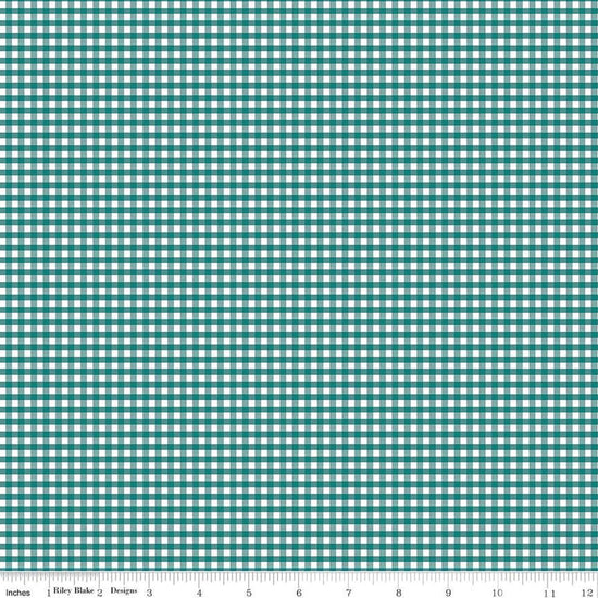 Image of the 1/8 inch PRINTED Gingham Teal quilting cotton fabric by Riley Blake Designs. Features an 1/8 inch teal green gingham pattern on white. 
Cute Little Fabric Shop