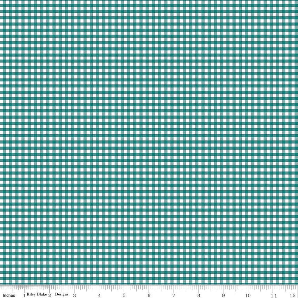 Image of the 1/8 inch PRINTED Gingham Teal quilting cotton fabric by Riley Blake Designs. Features an 1/8 inch teal green gingham pattern on white. 
Cute Little Fabric Shop