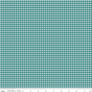 Image of the 1/8 inch PRINTED Gingham Teal quilting cotton fabric by Riley Blake Designs. Features an 1/8 inch teal green gingham pattern on white. 
Cute Little Fabric Shop